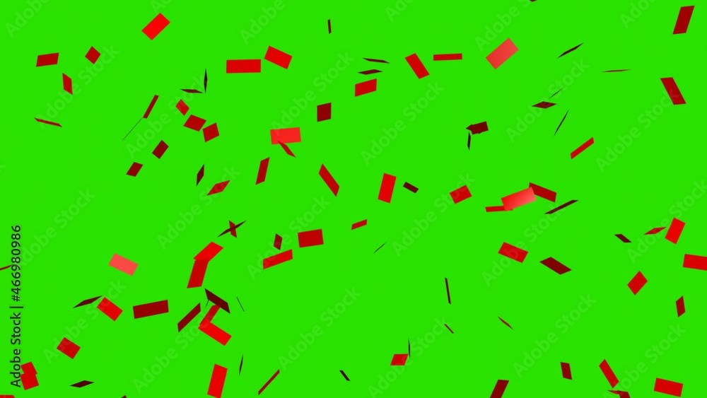 Red confetti are falling on the green screen. Festive effects. 3D animation. Red confetti are falling on the green screen. Festive effects. 3D animation.