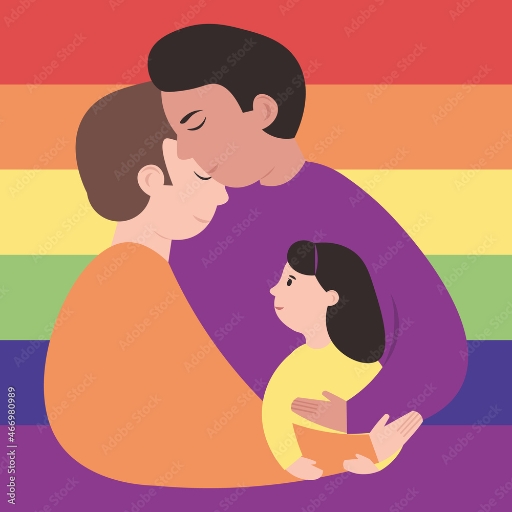 Happy friendly LGBT gay family. Two fathers hug their little daughter. Love is love