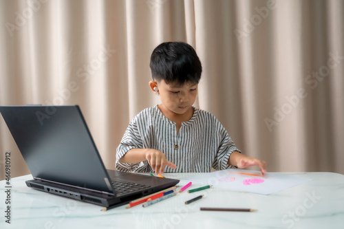 Distance Education,Child is sitting at desk,Boy doing homework or online education.