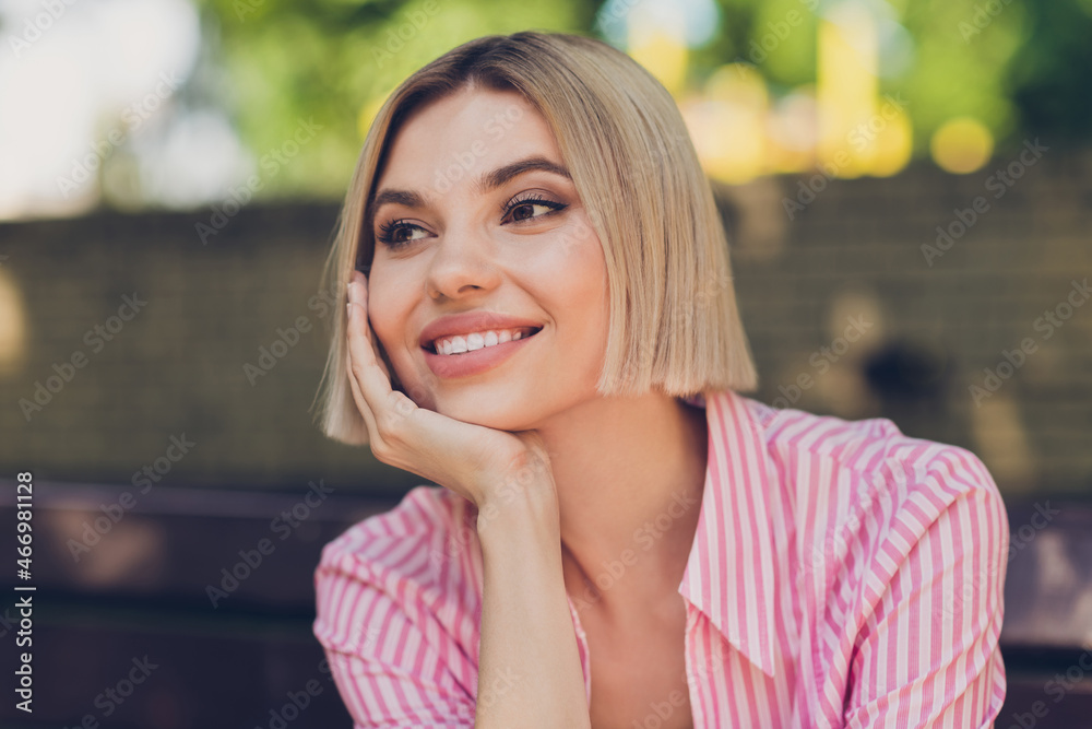 Photo of young attractive girl happy positive smile hand touch cheek rest relax summer season park outdoors