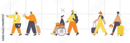 Group of people wearing masks walking with suitcases at the airport . Social distancing and safe traveling concept. Flat vector illustration banner.