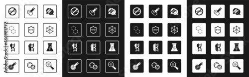 Set DNA symbol, Shield for bio healthy food, Chemical formula, No GMO, Genetically modified meat, Test tube and flask and chicken icon. Vector