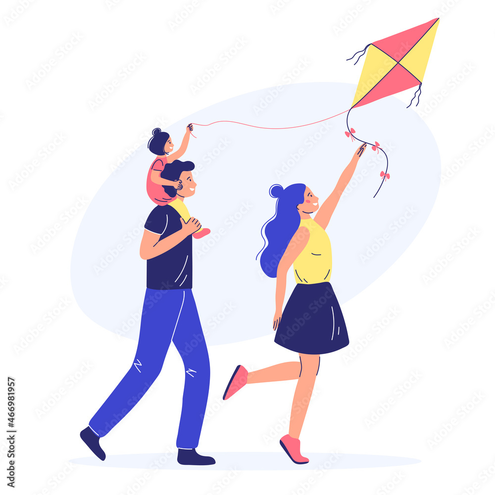 a happy family launches a kite. illustration in multian style a happy family launches a kite. illustration in multian style