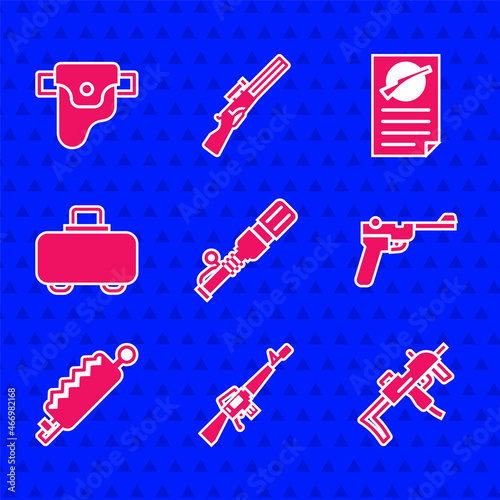 Set Anti-tank hand grenade, M16A1 rifle, MP9I submachine gun, Mauser, Trap hunting, Weapon case, Firearms license certificate and Gun holster icon. Vector