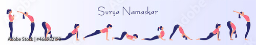 surya namaskar, greeting the sun, complex of asanas in yoga. cartoon style photo