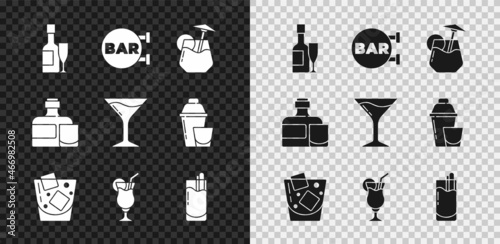 Set Champagne bottle and glass, Street signboard with Bar, Cocktail, Glass of whiskey, Bloody Mary, Whiskey and Martini icon. Vector