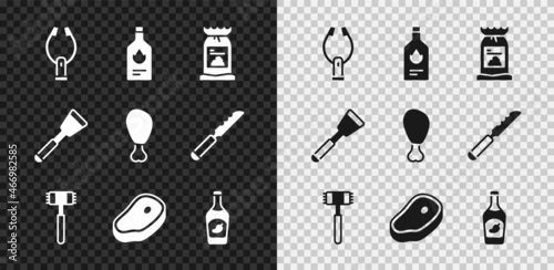 Set Meat tongs, Tabasco sauce, Barbecue coal bag, Kitchen hammer, Steak meat, Ketchup bottle, Spatula and Chicken leg icon. Vector