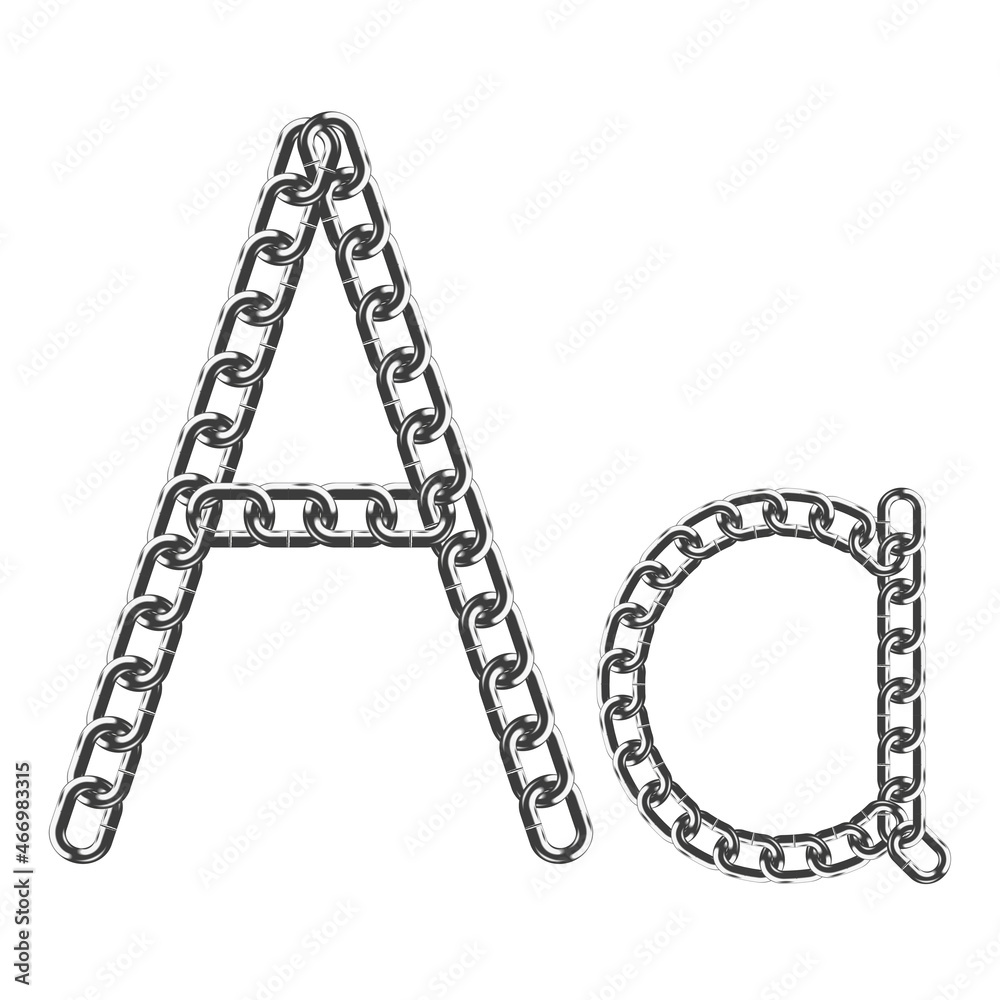 The uppercase and lowercase letter A is made of realistic metallic-colored chains. Isolated on a white background. Vector illustration.