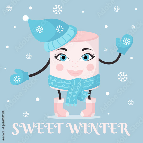 Cheerful Cute Marshmallow in knitted hat, scarf, mittens and winter boots. Christmas, winter, New Year cartoon character. Greeting card, invitation, poster. Sweet winter. Vector illustration