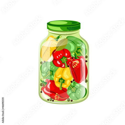 Flat illustration of jar of canned bell peppers. Red, green and yellow bell peppers with spices in a glass jar on white background. Idea for a poster, sticker, magazine, book, web design and so on.