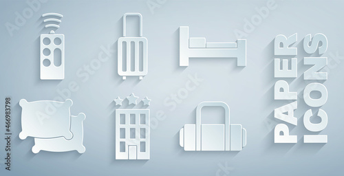 Set Hotel building, room bed, Pillow, Suitcase, and Remote control icon. Vector