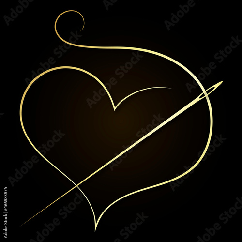 Gold needle with a spool of thread. Gold heart tailor symbol