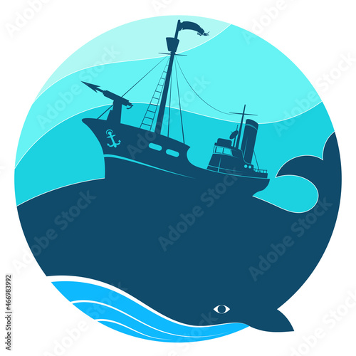 Whaling ship on the waves. The ship is hunting a whale. Industrial fishing symbol