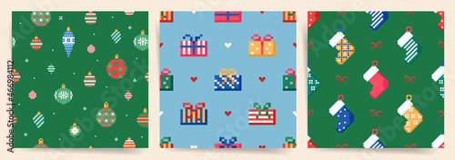 Fototapeta Naklejka Na Ścianę i Meble -  Christmas seamless patterns set. Square repeat tile kit with Christmas decorations, gift boxes and Santa stockings socks. Vector tileable winter green background with Christmas elements.