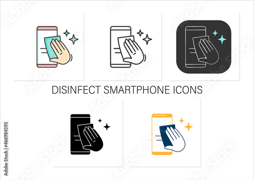 Smartphone disinfection icons set.Wiping mobile phone display with cleaning cloth. Hygiene,covid pandemic health safety.Collection of icons in linear, filled,color styles.Isolated vector illustrations
