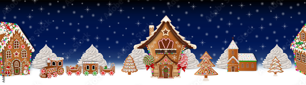 christmas seamless border with gingerbread landscape. christmas banner with gingerbread house, church, train and tree christmas seamless border with gingerbread landscape. christmas banner with gingerbread house, church, train and tree