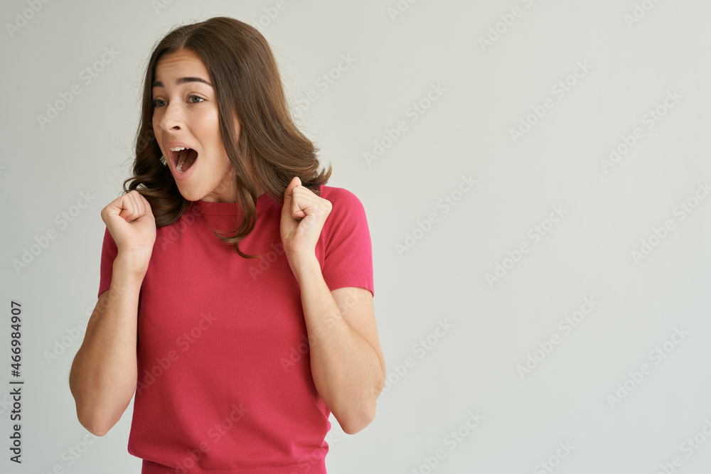 beautiful woman in a red t-shirt hair care Studio Lifestyle