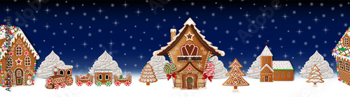christmas seamless border with gingerbread landscape. christmas banner with gingerbread house, church, train and tree