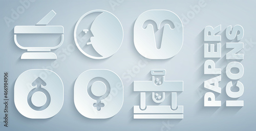 Set Venus, Aries zodiac, Mars, Bottle with potion, Moon and Mortar and pestle icon. Vector