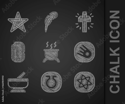 Fotografie, Tablou Set Witch cauldron, Life, Tarot cards, Comet falling down fast, Mortar and pestle, Magic runes, Christian cross and Pentagram icon