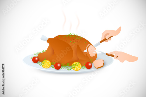Carving christmas roasted turkey vector illustration