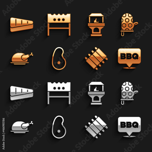 Set Steak meat, Oven glove, Barbecue, Grilled pork bbq ribs, Roasted turkey chicken, Brick stove, and BBQ brazier icon. Vector