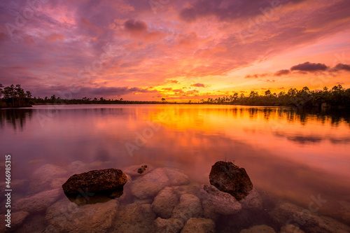 Silhouette of trees surrounding a lake on the sunset photo