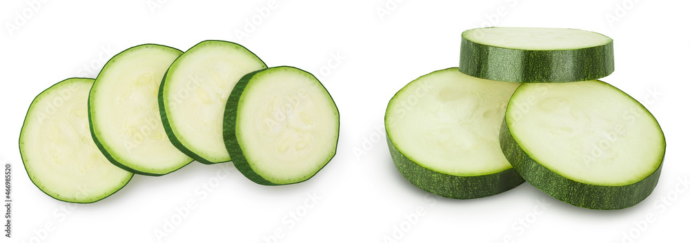 Fresh sliced zucchini isolated on white background with clipping path and full depth of field. Top view. Flat lay Fresh sliced zucchini isolated on white background with clipping path and full depth of field. Top view. Flat lay