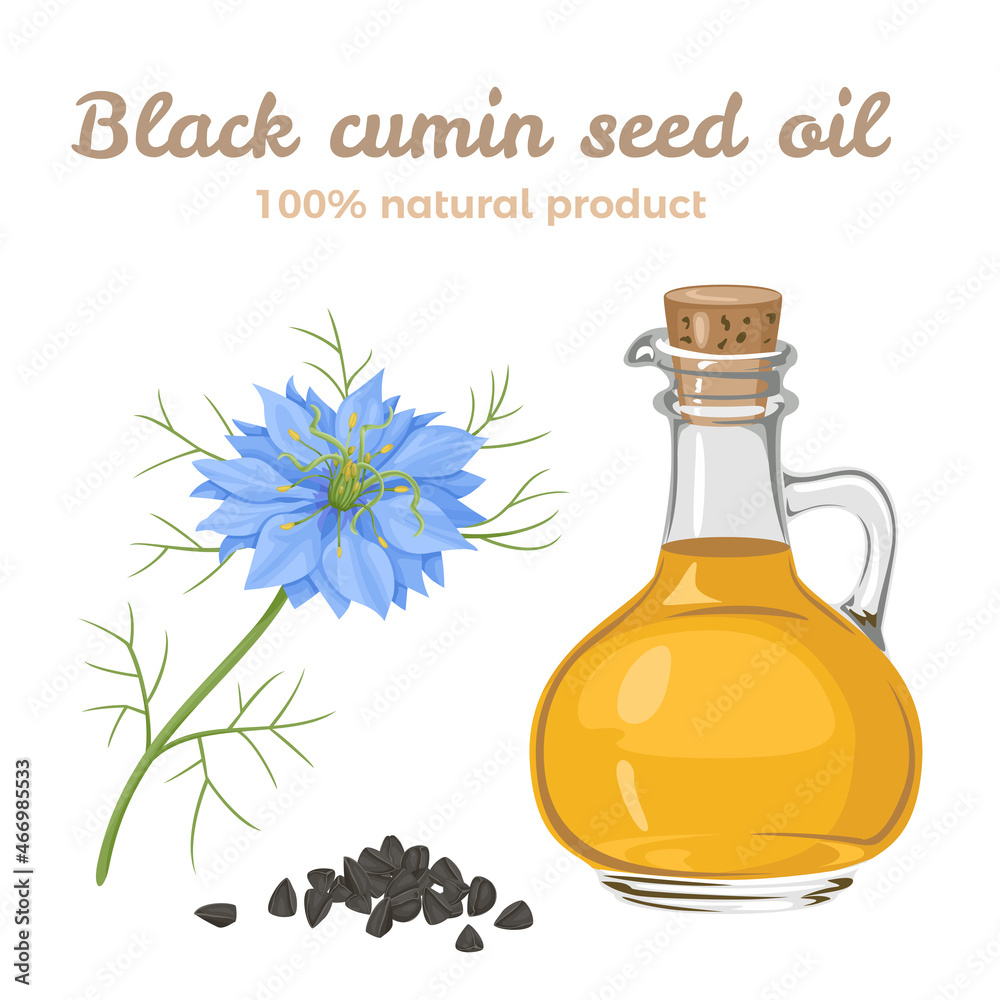 Black cumin seed oil in glass bottle and Nigella sativa flower Black cumin seed oil in glass bottle and Nigella sativa flower