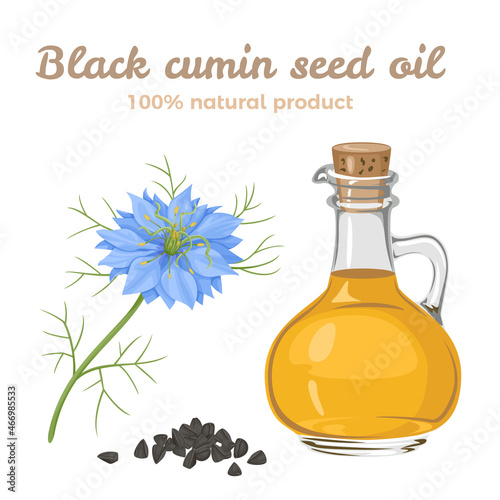 Black cumin seed oil in glass bottle and Nigella sativa  flower
