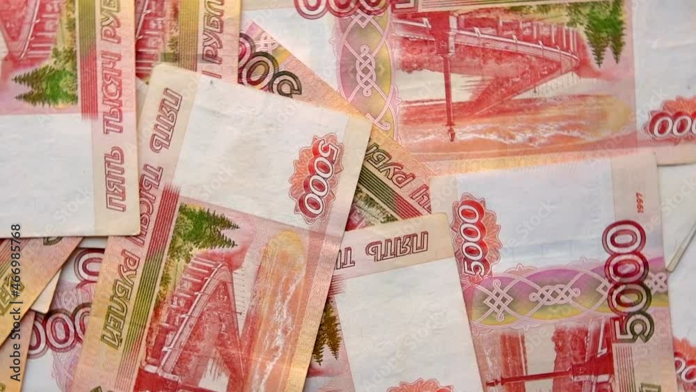 Banknotes of russian rubles with a face value of five thousand, The view from the top. Money