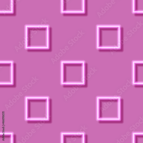 Abstract neon seamless pattern from square. Pink glowing geometric figures background.