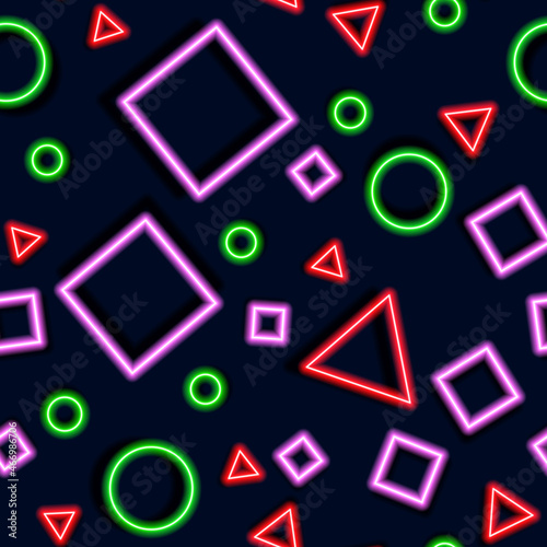 Abstract neon seamless pattern from triangles, squares and circles. Glowing geometric figures background.