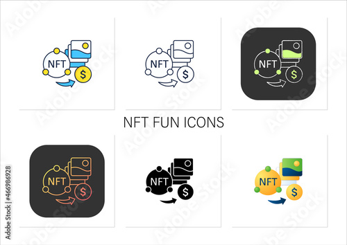 NFT fun icons set. Selling digital arts. Receiving money for sale intellectual property.Digitalization concept. Collection of icons in linear, filled, color styles.Isolated vector illustrations