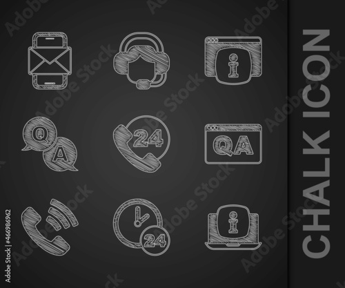 Set Telephone 24 hours support, Clock, Laptop with information, Question and Answer, Monitor FAQ and Mobile envelope icon. Vector