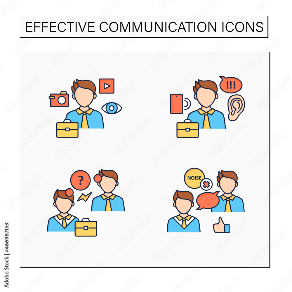 Effective communication color icons set. Visual communication, active listening, choosing right medium, misunderstanding. Intercourse concept. Isolated vector illustrations Effective communication color icons set. Visual communication, active listening, choosing right medium, misunderstanding. Intercourse concept. Isolated vector illustrations