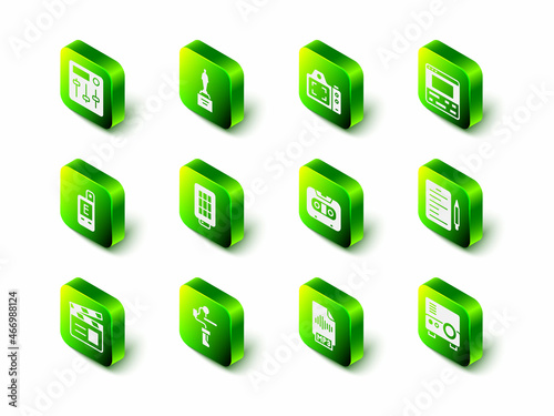 Set Movie trophy, Photo camera, Video recorder on laptop, Scenario, Media projector, Retro audio cassette tape, MP3 file document and Gimbal stabilizer for icon. Vector