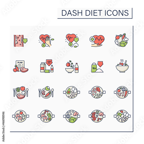 Dash diet color icons set. Consists of stopping hypertension, low sodium, eating plan, balanced nutrition etc. Healthy food concepts. Isolated vector illustrations