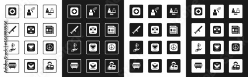 Set Gender equality, Scales of justice, Police rubber baton, Hospital signboard, News, beat human, Peace and Caduceus snake medical icon. Vector