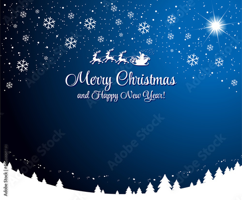 Dark blue starry sky with Christmas star and snowflakes over snowy Christmas trees and Santa Claus flying in a sleigh pulled by reindeer. Vector