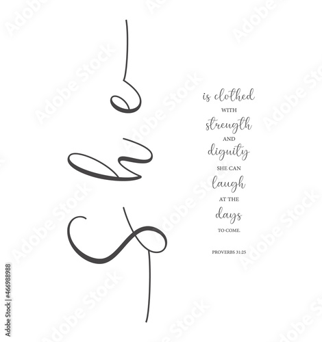 She is clothed with strength and dignity, Proverbs 31:25, bible verse poster, scripture wall print, Home wall decor, Woman gift, Christian banner, Minimalist Print, Christian card, vector illustration