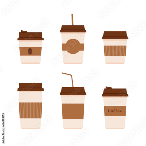 This is a collection of paper cups with coffee isolated on a white background.
