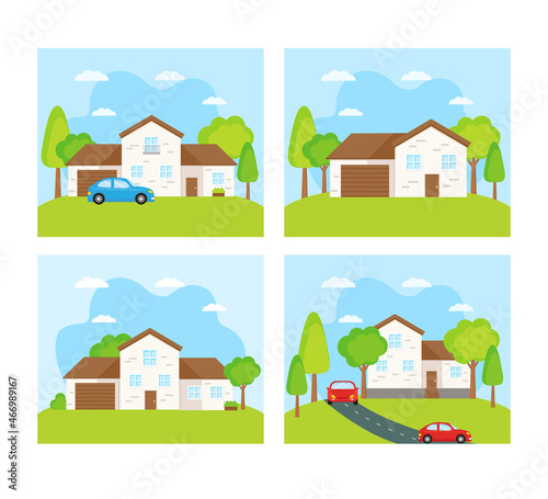 This is the facade of the house is with a garage and a car on the road.  Vector illustration of property.