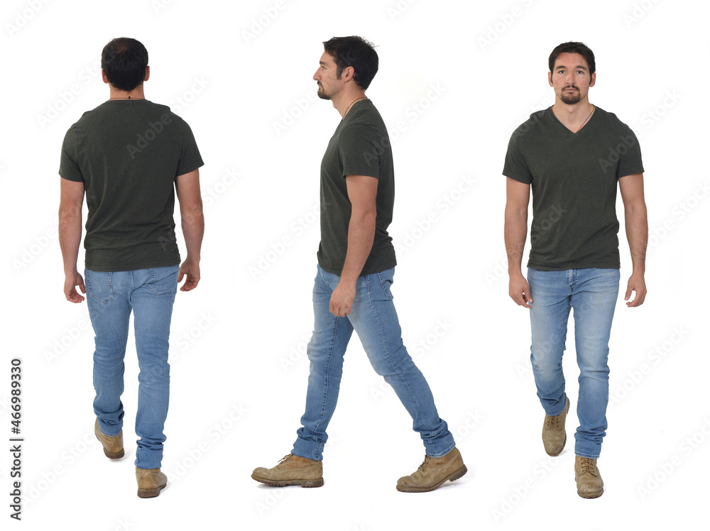 back; side and front view of same man walking on; white background ...