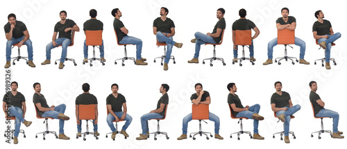 Fotografie, Obraz large group of the same man sitting on a chair in various poses on white backgro