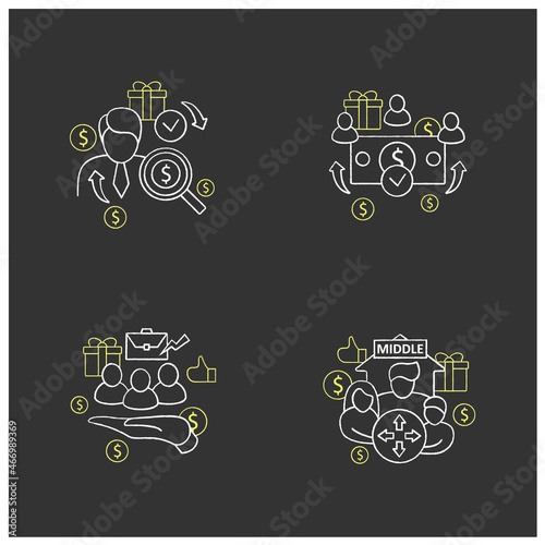 Universal basic income chalk icons set. Dilative class, supporting workers, universal payment, individual payment.Global economy concept. Isolated vector illustrations on chalkboard