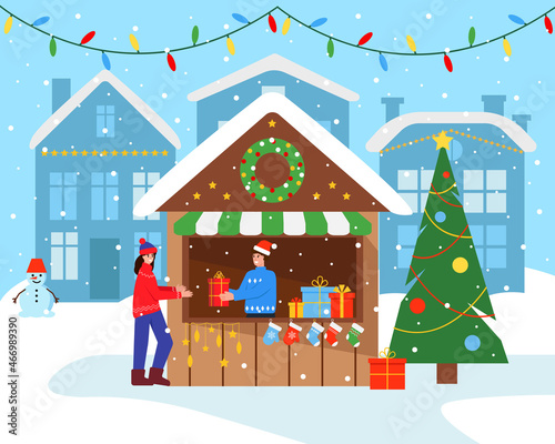 Christmas Market stall or wooden kiosk on town square. Winter New Year festive sale . Shop with gifts and clothes. Vector illustration .