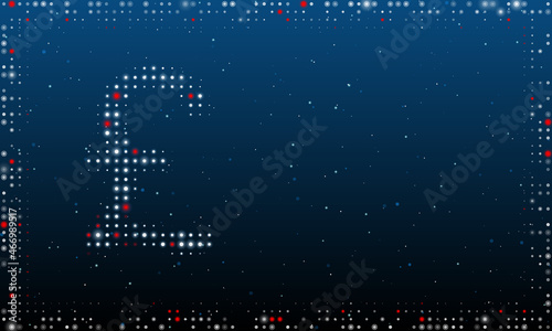 On the left is the pound symbol filled with white dots. Pointillism style. Abstract futuristic frame of dots and circles. Some dots is red. Vector illustration on blue background with stars