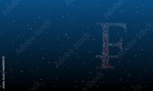 On the right is the franc symbol filled with white dots. Background pattern from dots and circles of different shades. Vector illustration on blue background with stars