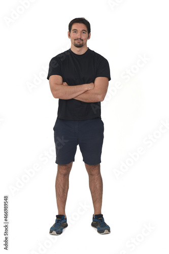 front view of man wearing sportswear, shorts isolated on white background